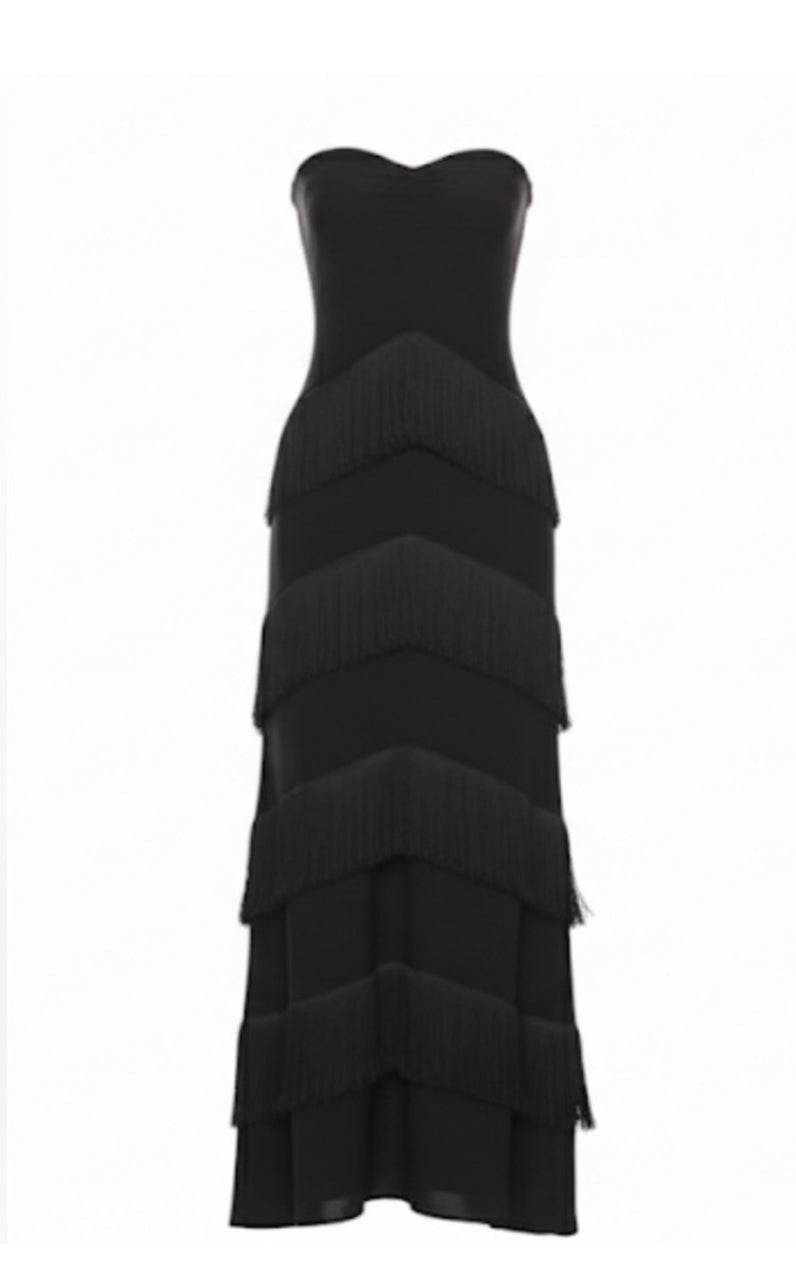 NEW $395 Annabelle Fringe Black Strapless Evening Fringe Dress