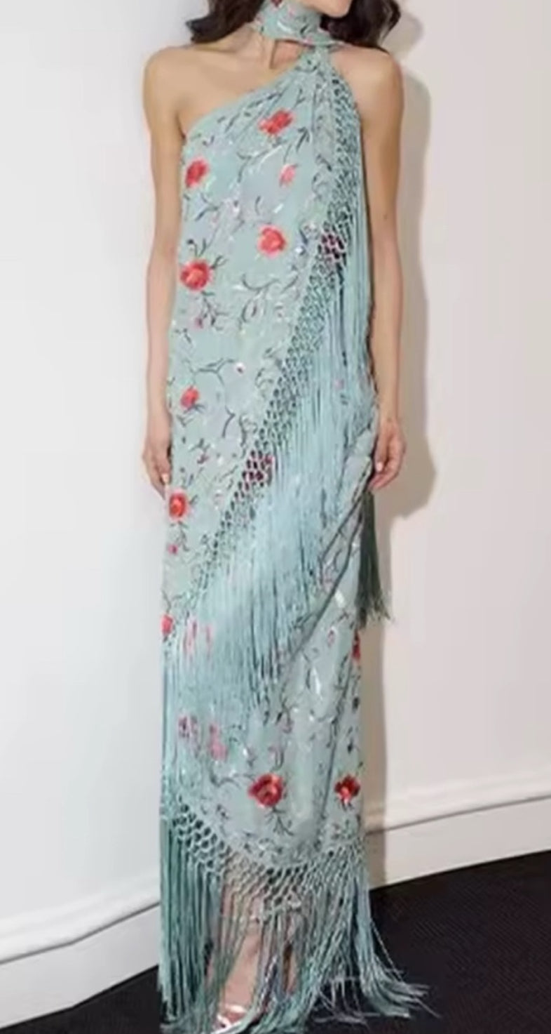 NEW $125 Seia Green Blue Floral Fringe Halter Maxi Dress