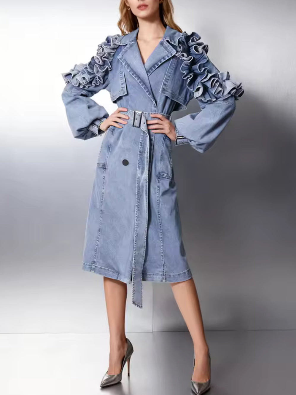 NEW $395 HIGH END Editorial Stylish Denim Trench Coat with Ruffle Sleeves