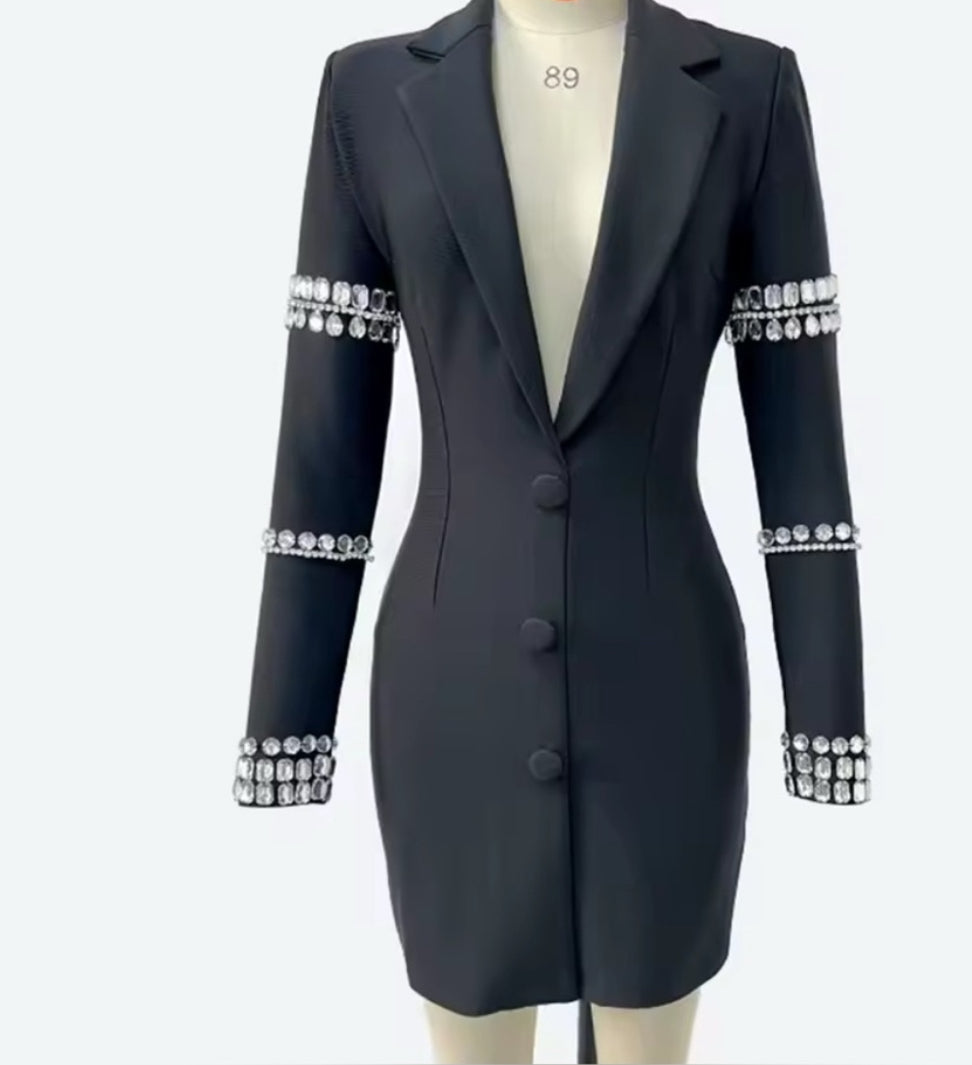 NEW Retail $189 Kelly K Crystal Black Blazer Dress with Crystal Accents