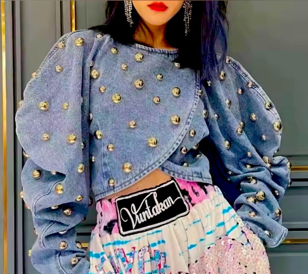 NEW $98 Pop Culture Blue Denim Embellished Women's Top