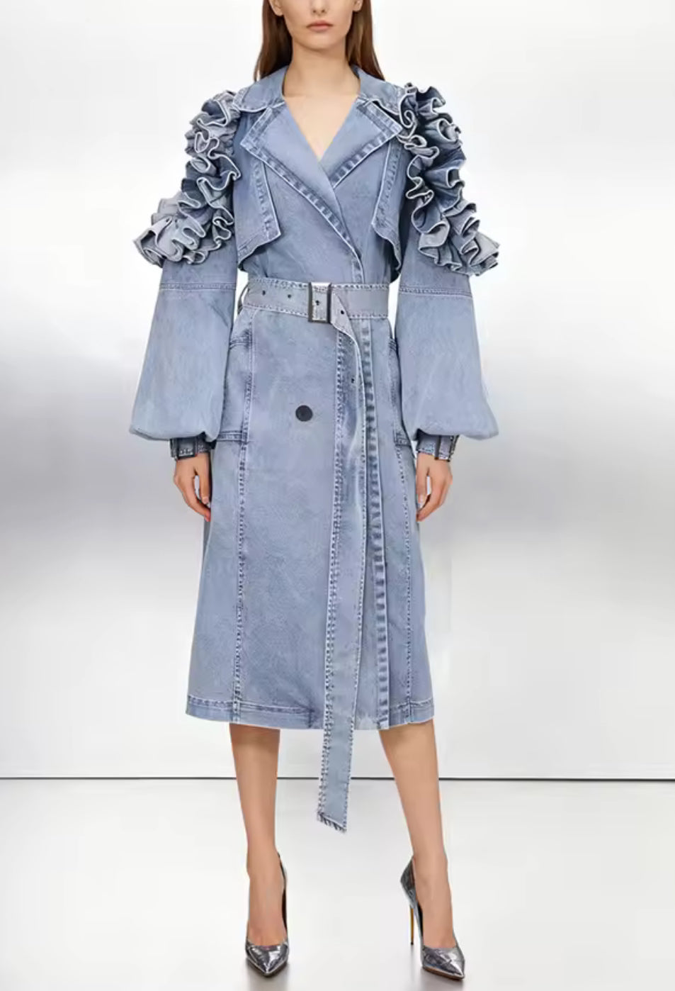 NEW $395 HIGH END Editorial Stylish Denim Trench Coat with Ruffle Sleeves