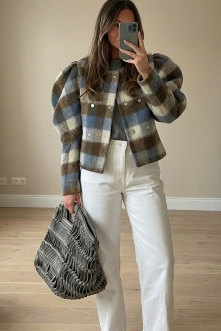 NEW $98 Olivia Plaid Puff Sleeve Jacket