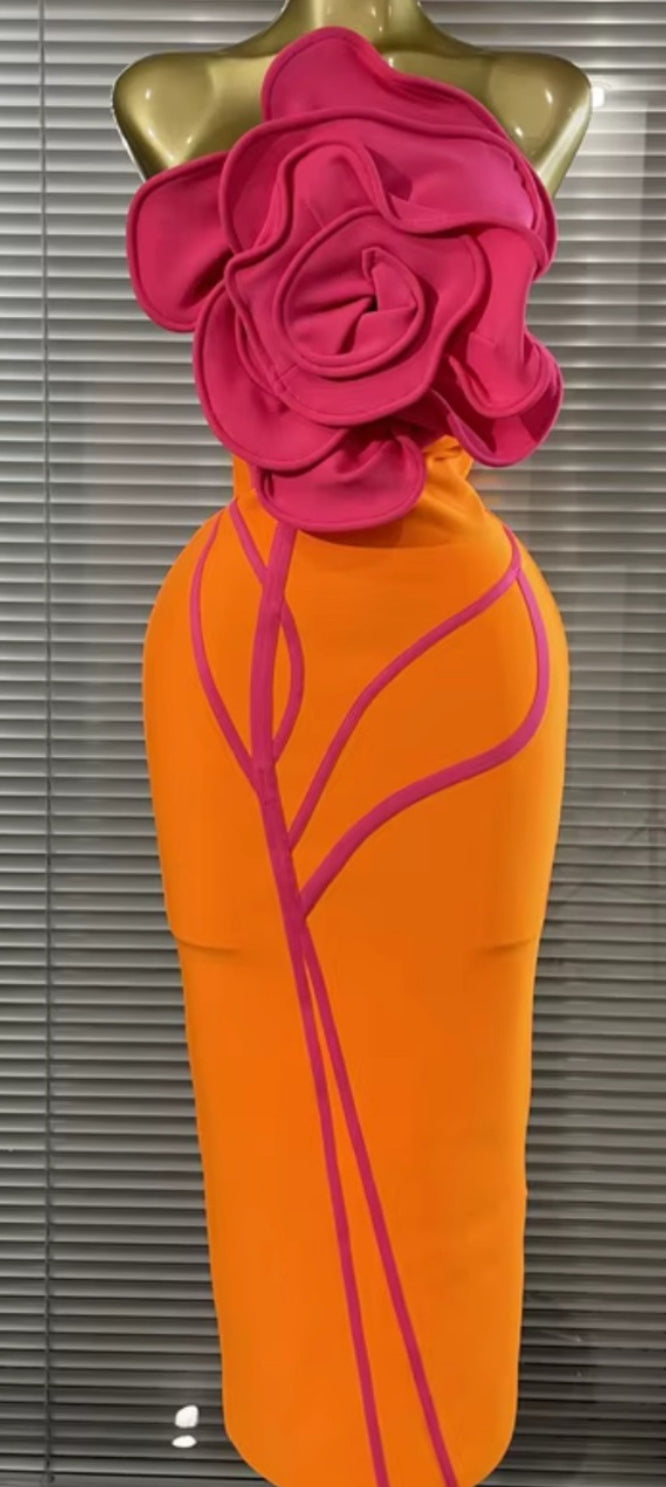 NEW $325 Wisteria Strapless Two-Tone Orange & Fuchsia Floral Summer Dress