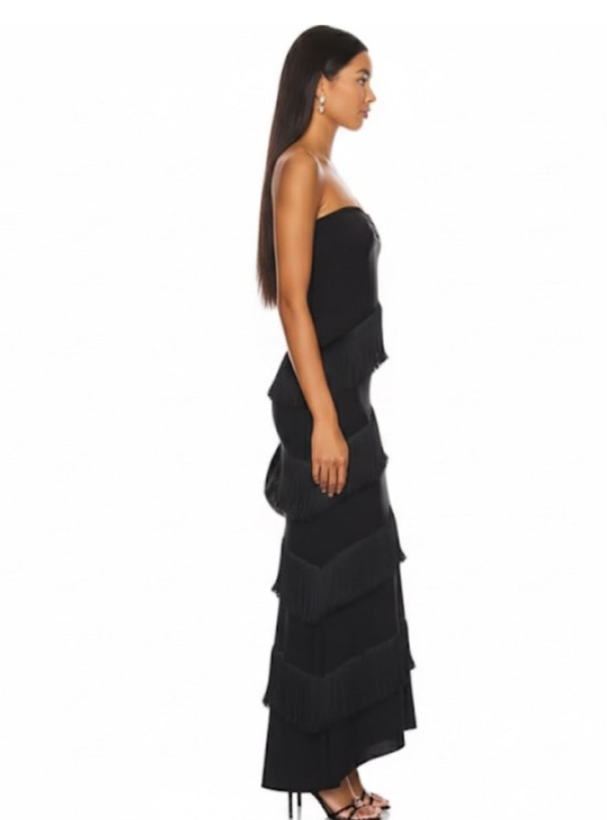 NEW $395 Annabelle Fringe Black Strapless Evening Fringe Dress