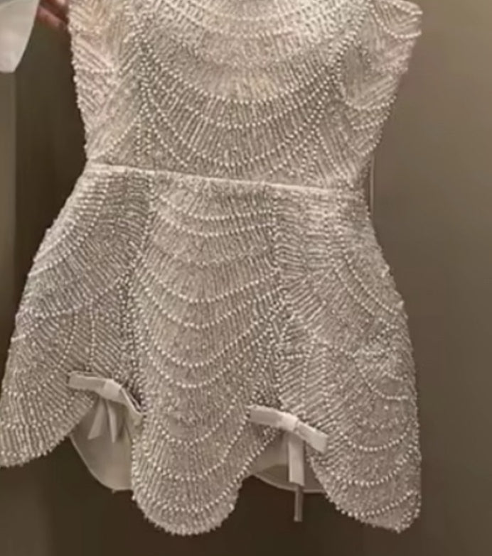 NEW $599 Luxury Pearl Beaded A-Line Viral Mini Evening Dress with Bow Detail