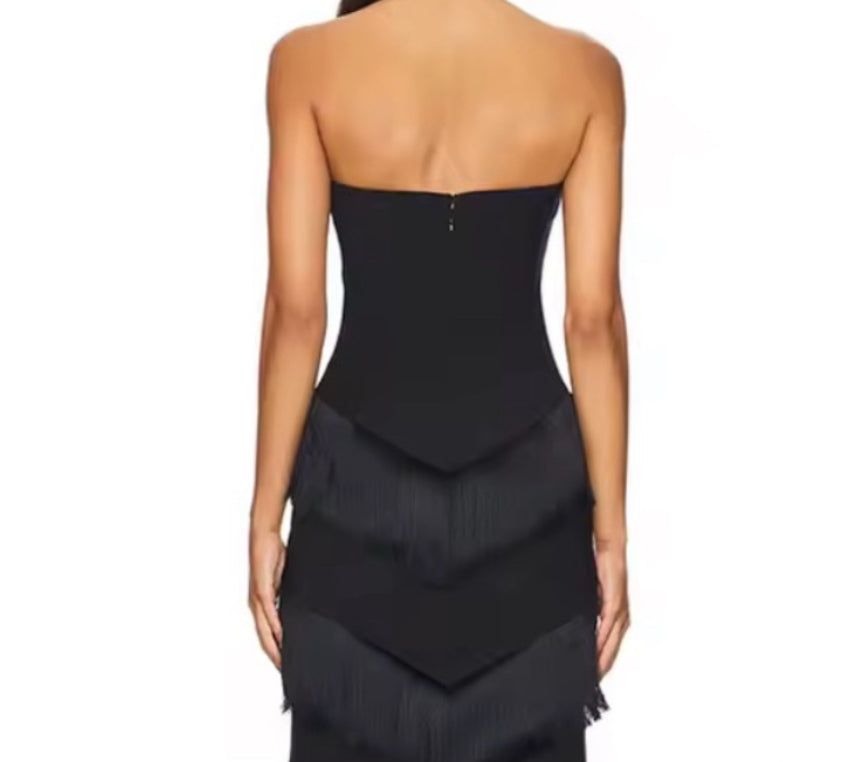 NEW $395 Annabelle Fringe Black Strapless Evening Fringe Dress