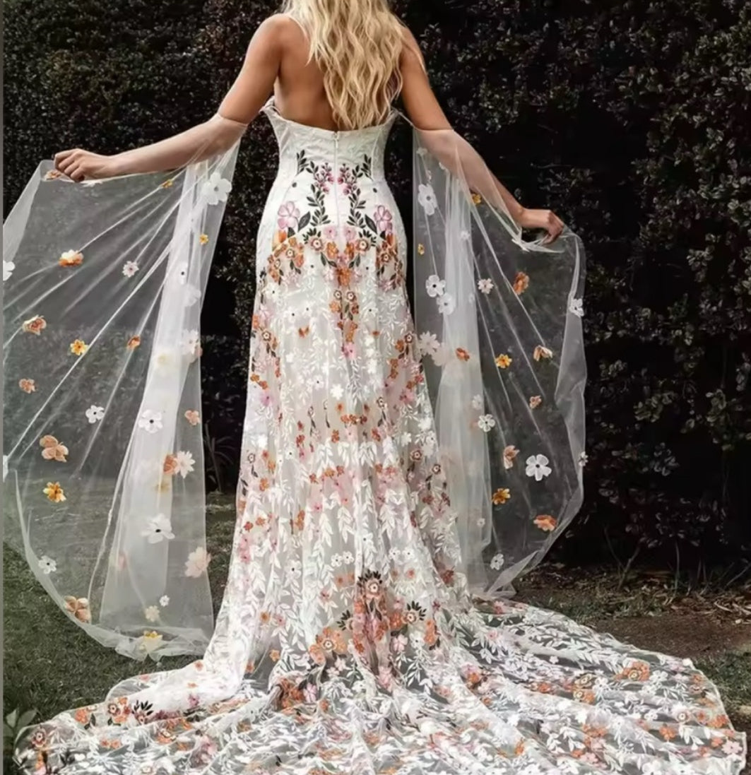 NEW $898 Fiona Whimsical Boho Floral Strapless Gown