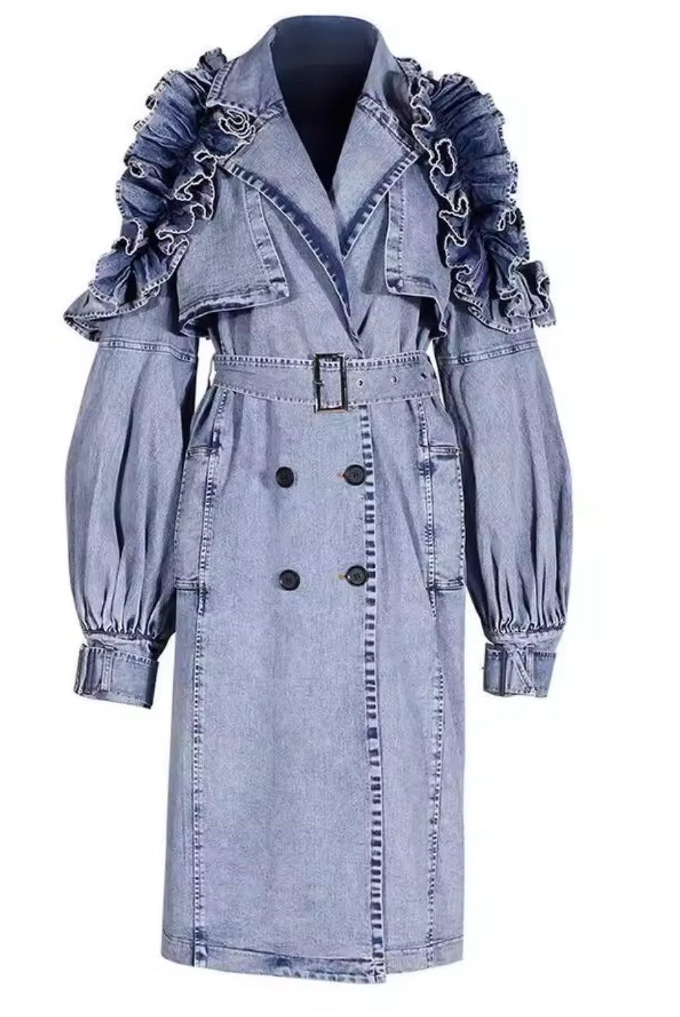 NEW $395 HIGH END Editorial Stylish Denim Trench Coat with Ruffle Sleeves