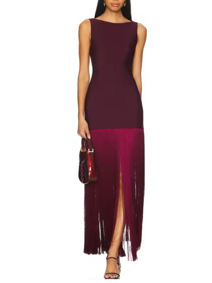 NEW $368 Belle in Burgundy Fringe Maxi Dress