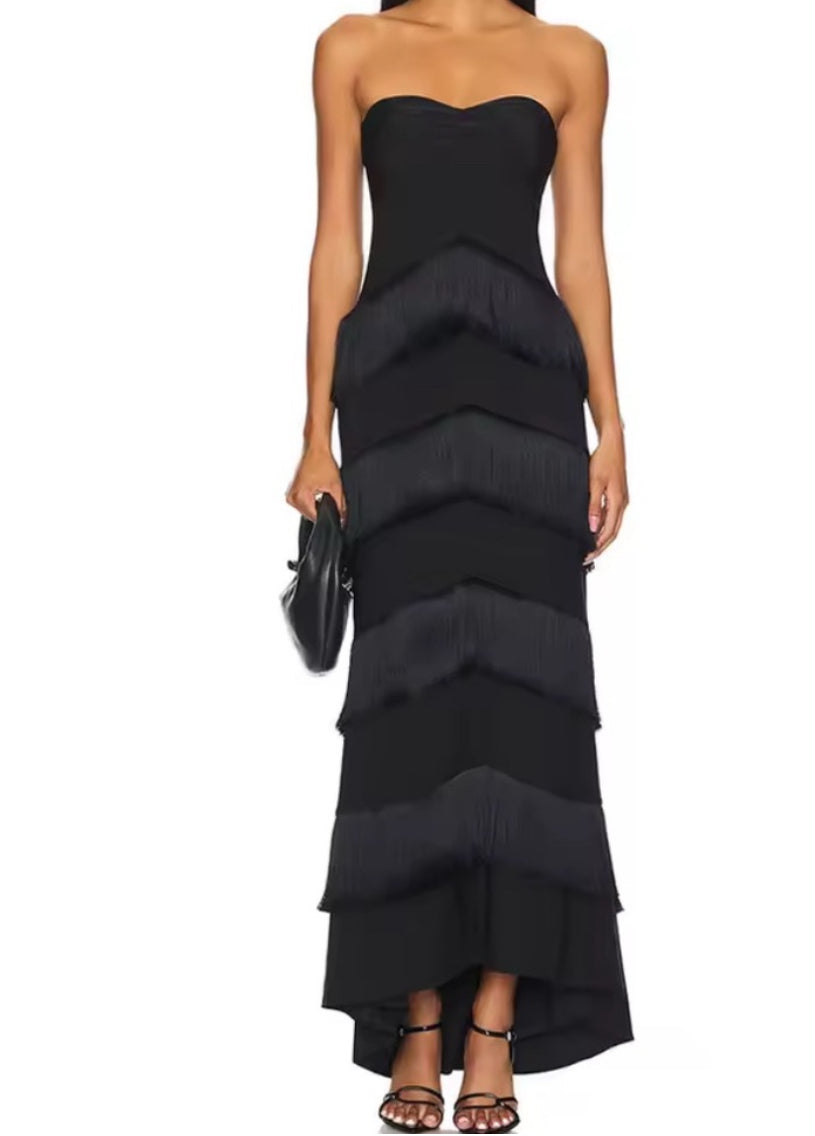 NEW $395 Annabelle Fringe Black Strapless Evening Fringe Dress