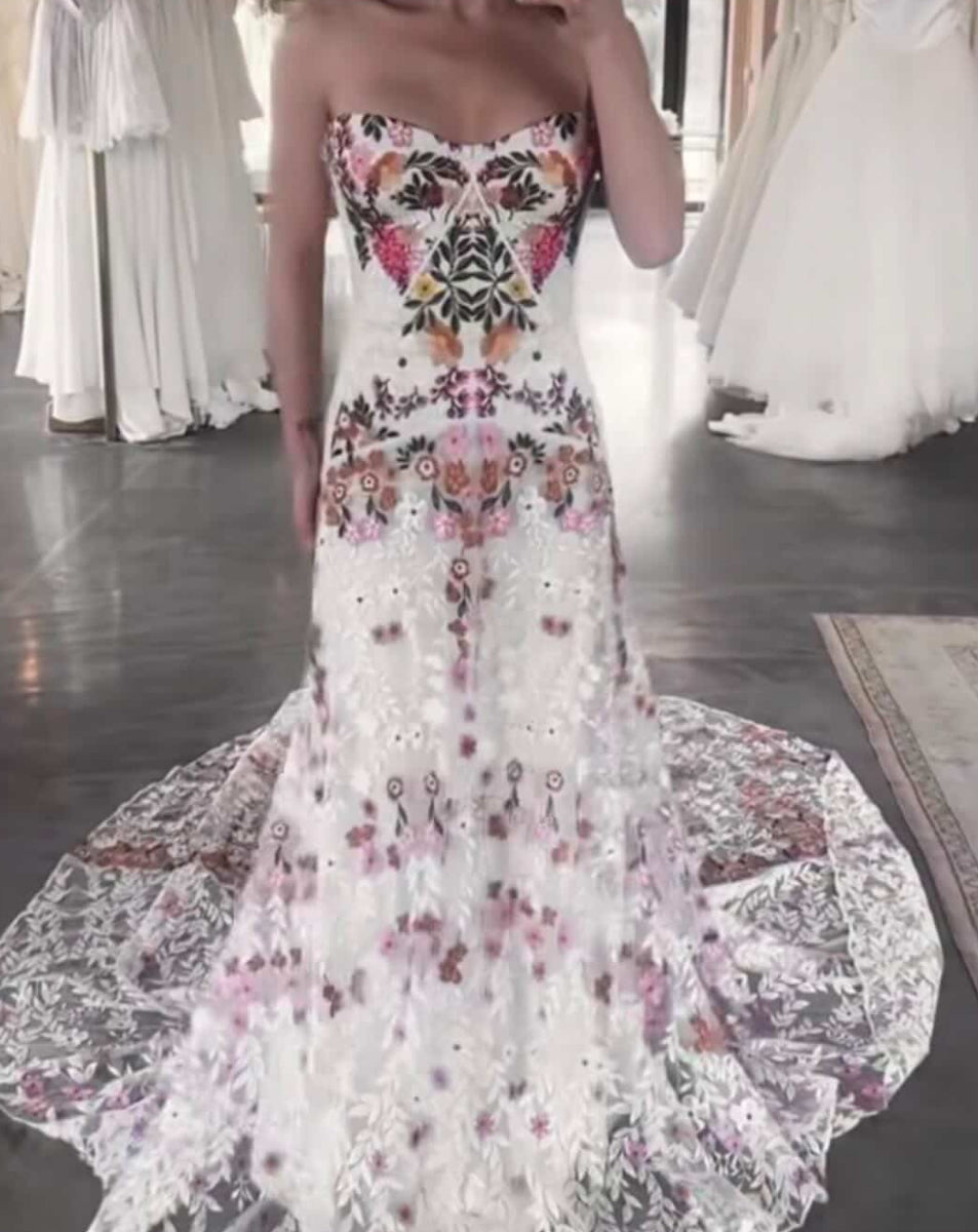 NEW $898 Fiona Whimsical Boho Floral Strapless Gown