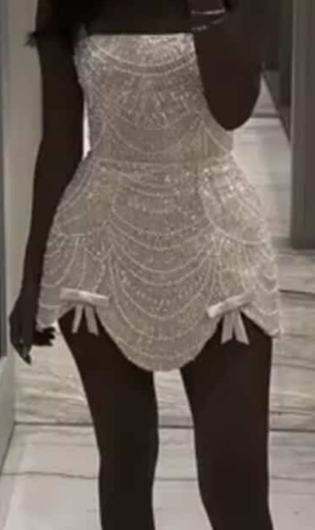 NEW $599 Luxury Pearl Beaded A-Line Viral Mini Evening Dress with Bow Detail