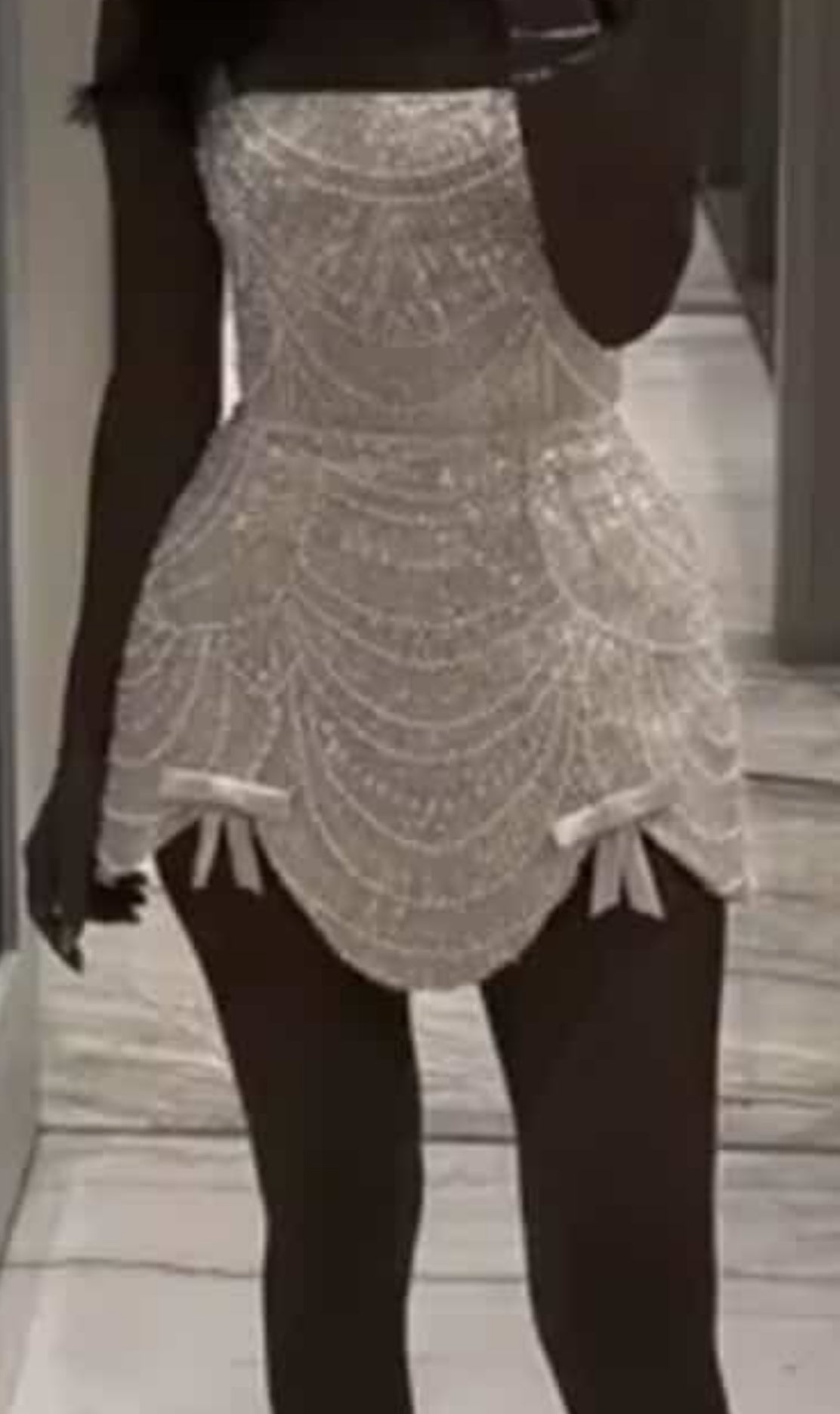 NEW $599 Luxury Pearl Beaded A-Line Viral Mini Evening Dress with Bow Detail