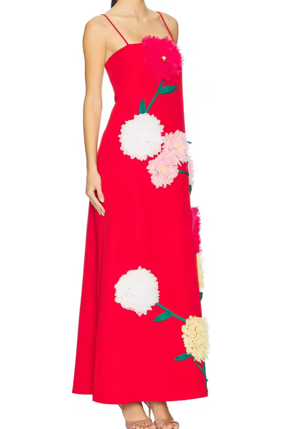 NEW $238 Spring Poppy Appliqué Spaghetti Strap Maxi Dress