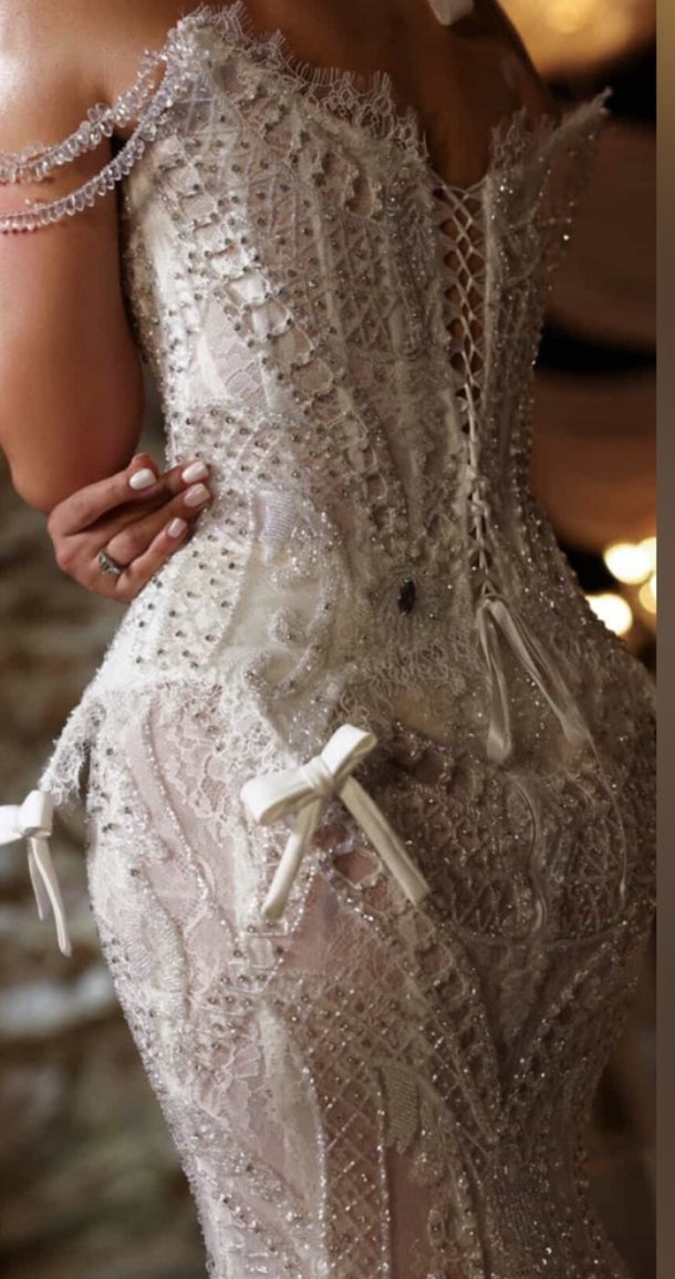 NEW $5785 Celes Vera Crystal Corset Couture Gown