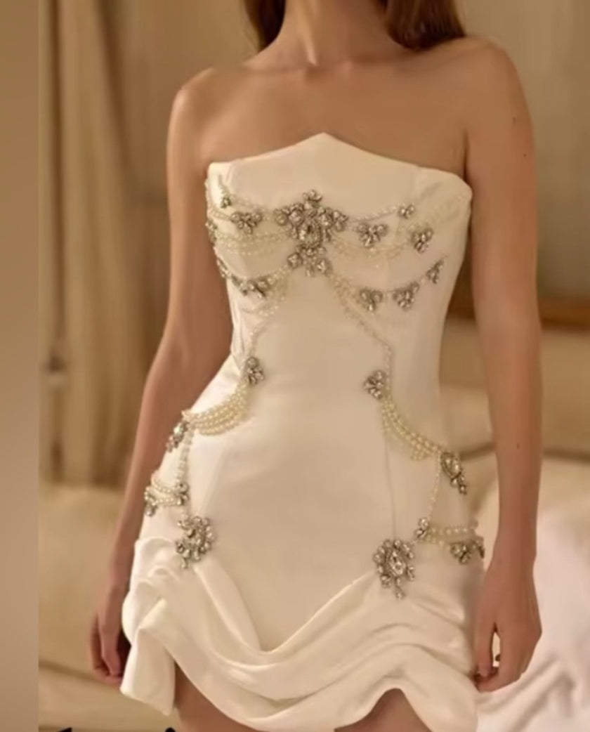 NEW Addison Leon White Strapless Dress with Embellishments