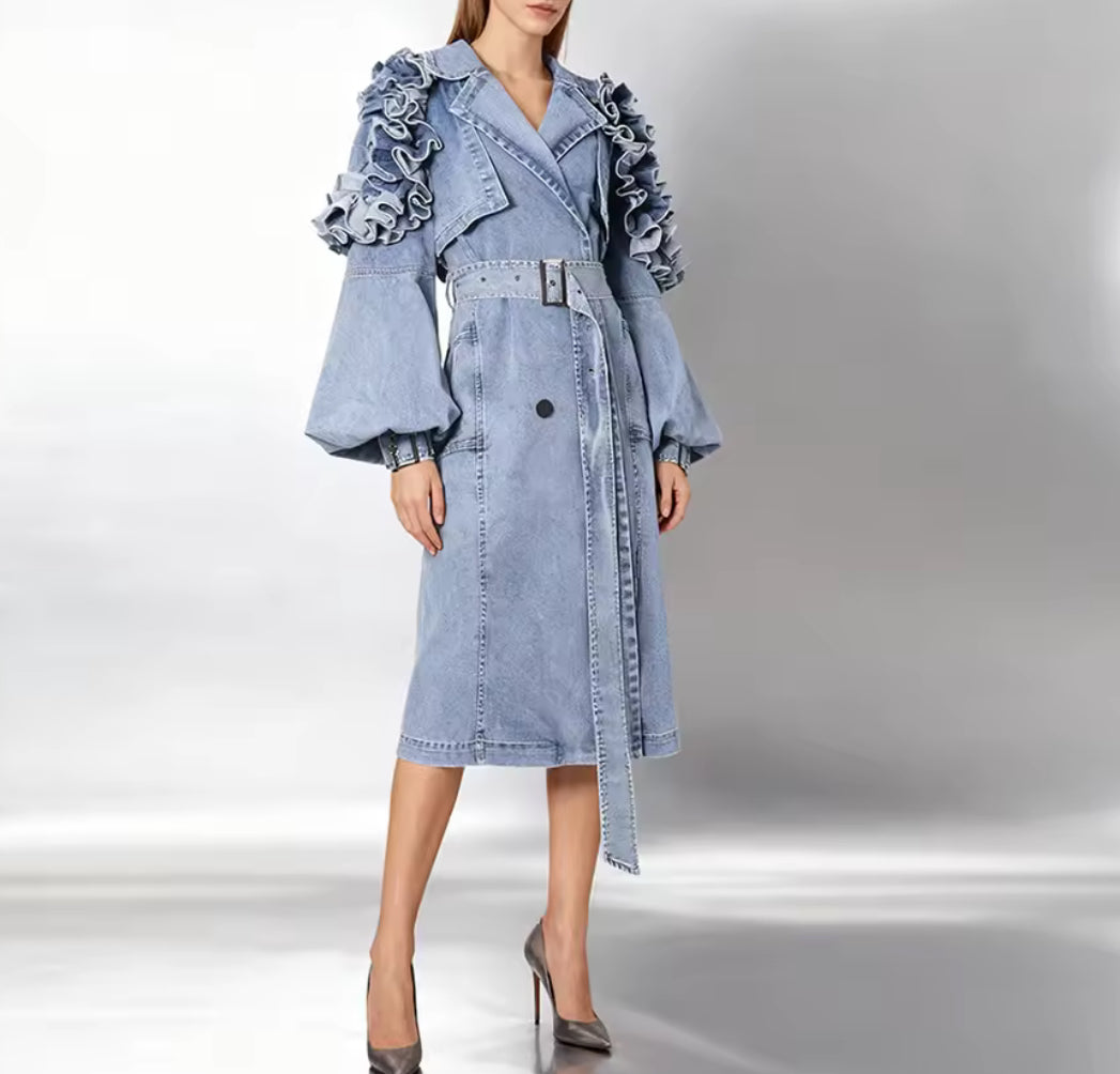 NEW $395 HIGH END Editorial Stylish Denim Trench Coat with Ruffle Sleeves