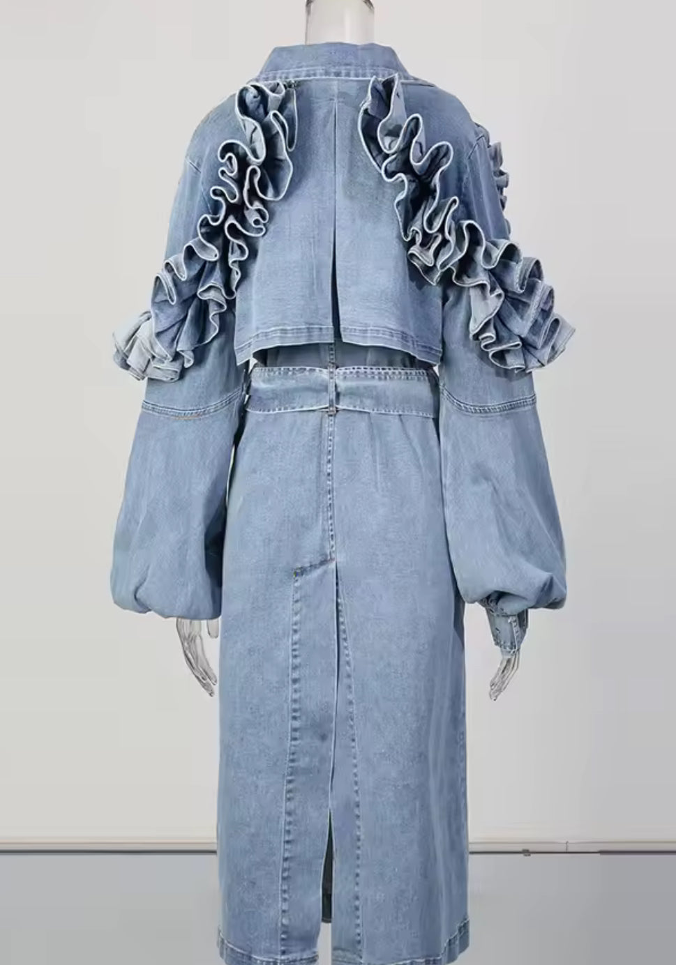 NEW $395 HIGH END Editorial Stylish Denim Trench Coat with Ruffle Sleeves