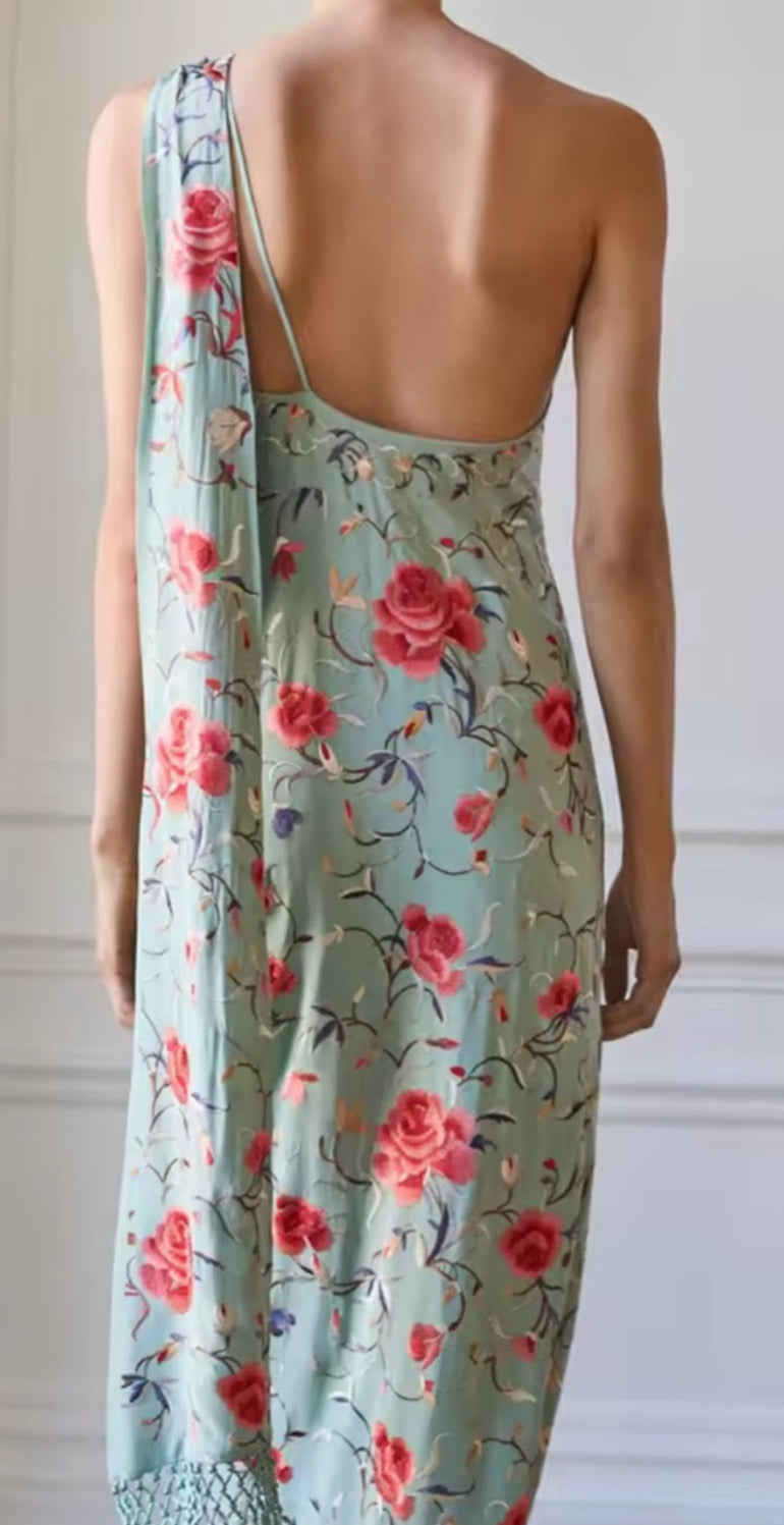 NEW $125 Seia Green Blue Floral Fringe Halter Maxi Dress