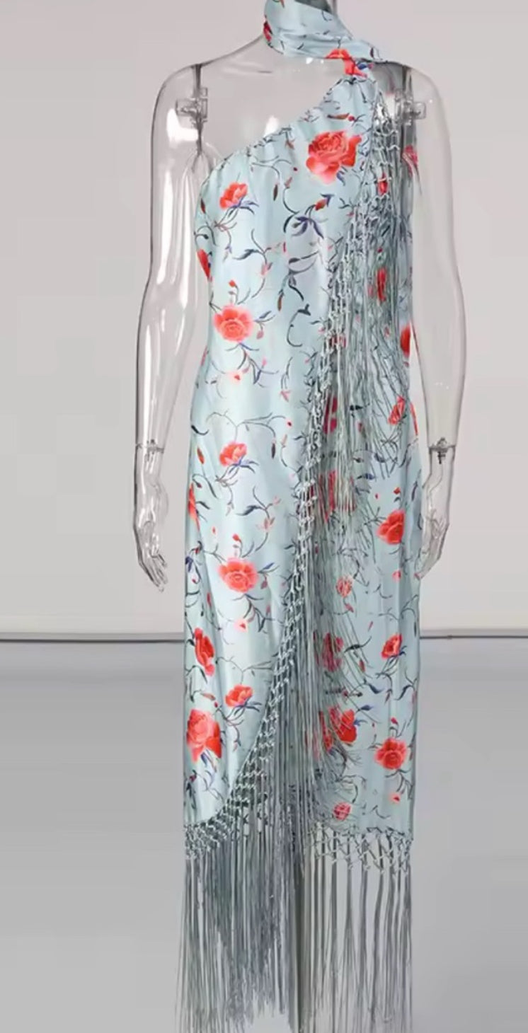 NEW $125 Seia Green Blue Floral Fringe Halter Maxi Dress