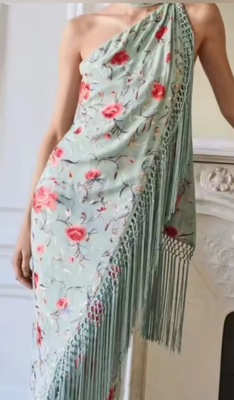 NEW $125 Seia Green Blue Floral Fringe Halter Maxi Dress