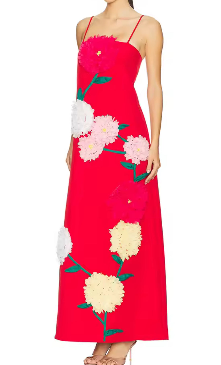 NEW $238 Spring Poppy Appliqué Spaghetti Strap Maxi Dress