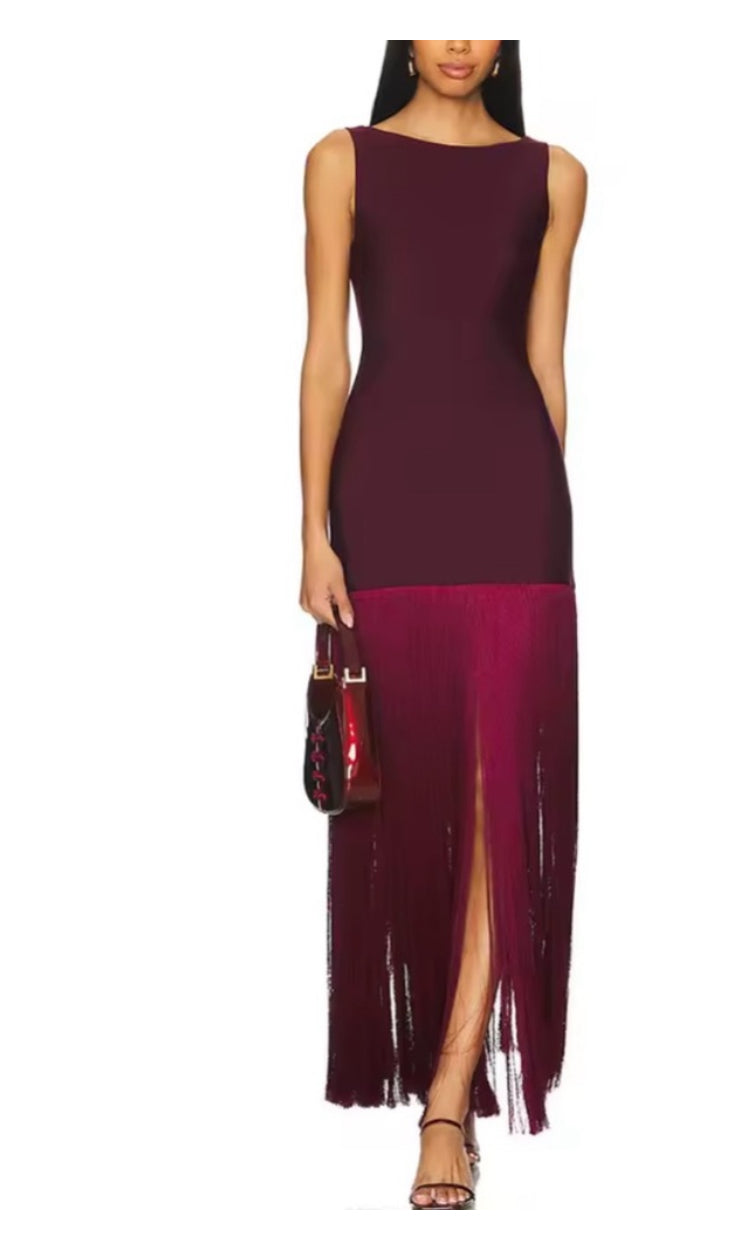 NEW $368 Belle in Burgundy Fringe Maxi Dress