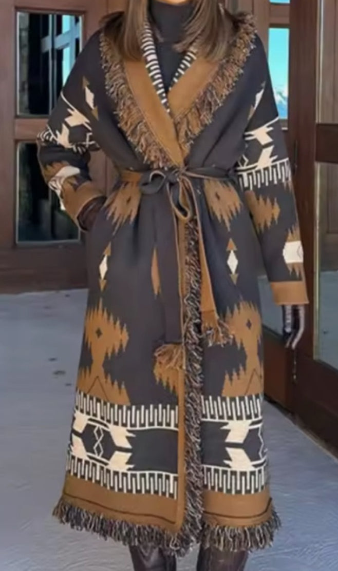 NEW $168 Adeline Black and Brown Patterned Long Western Cardigan Coat