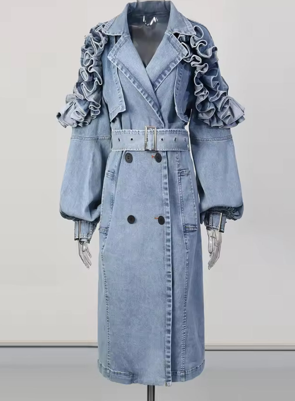 NEW $395 HIGH END Editorial Stylish Denim Trench Coat with Ruffle Sleeves