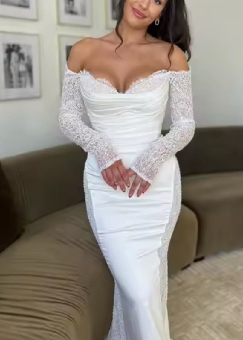 NEW $895 Time and Lace Elegant White Off-Shoulder Gown