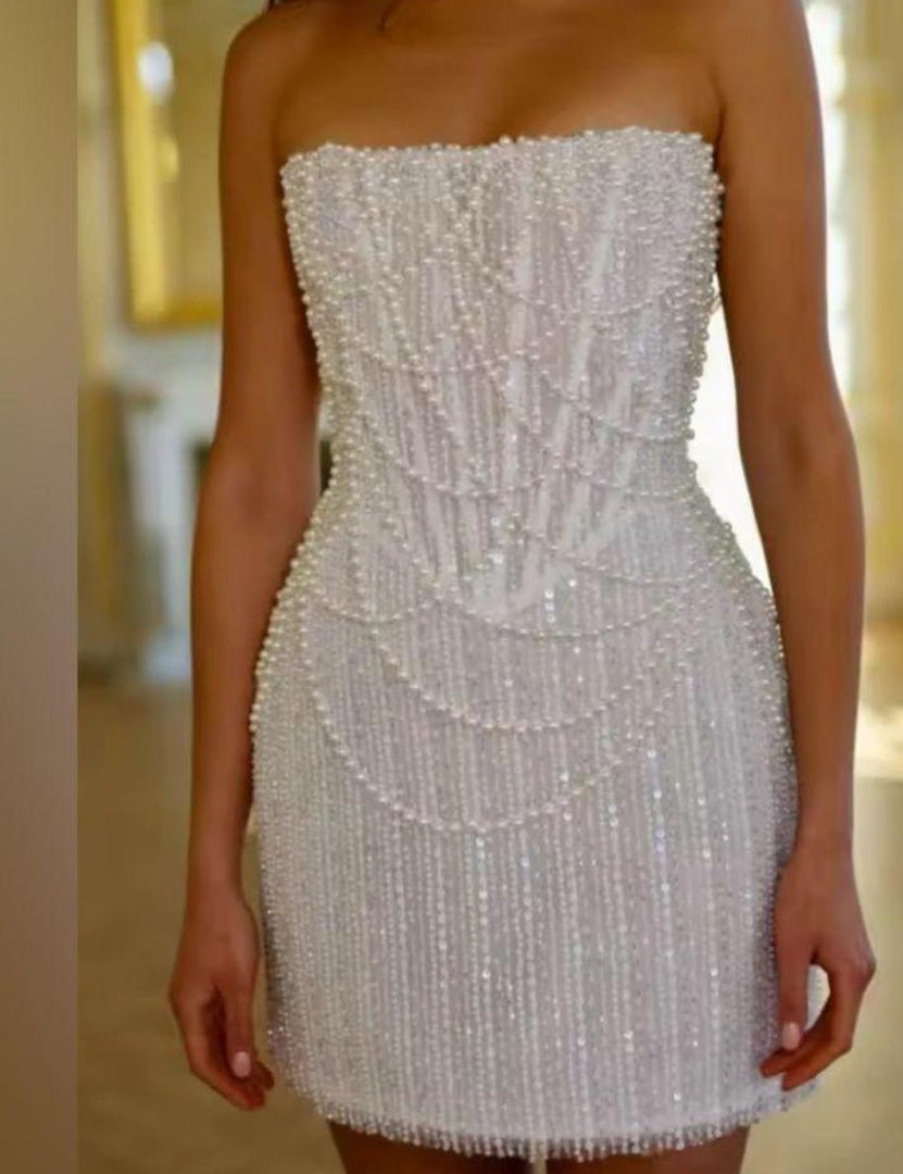 NEW $625 Old Hollywood in short Elegant White Strapless Beaded Dress