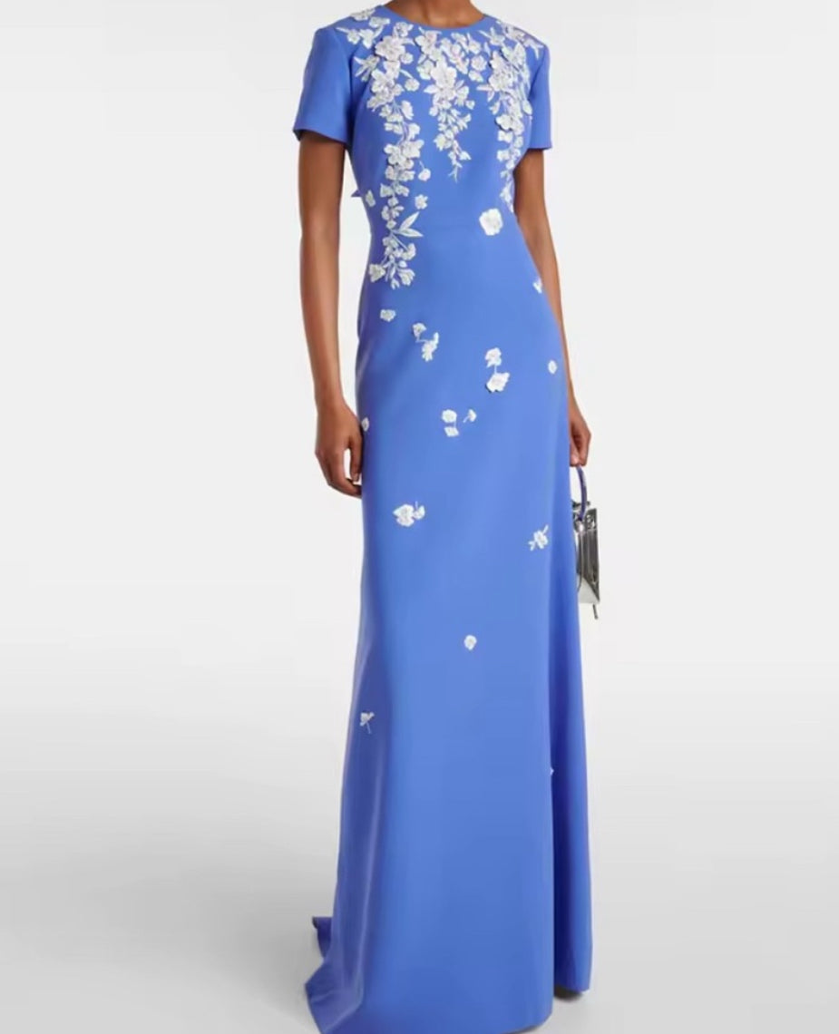 NEW $689 Falling Blossom Elegant Blue Floral-Embroidered Bow Women's Gown