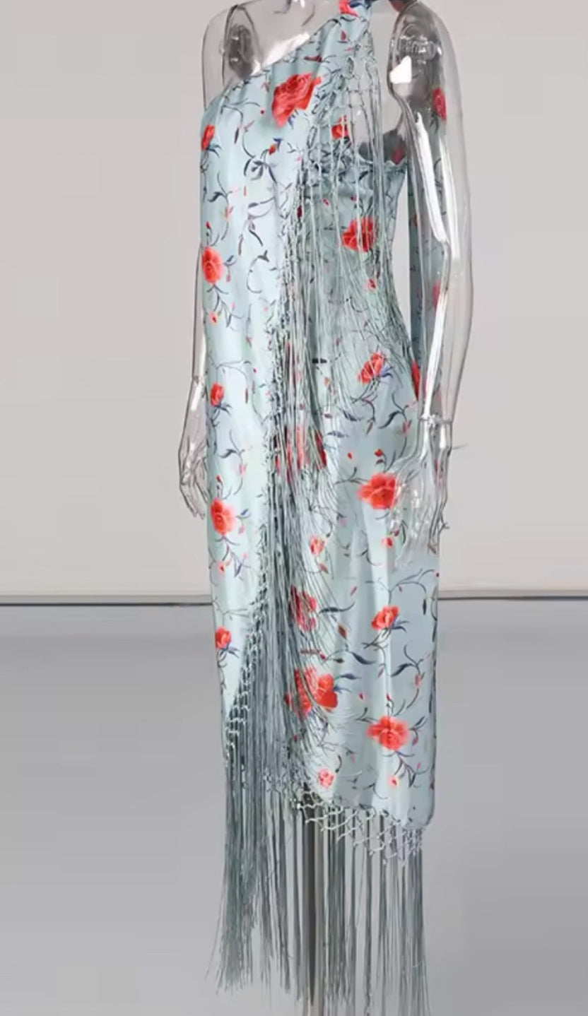 NEW $125 Seia Green Blue Floral Fringe Halter Maxi Dress