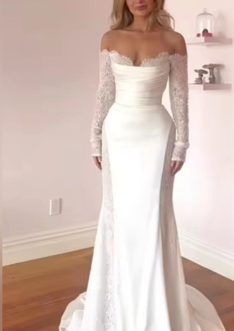 NEW $895 Time and Lace Elegant White Off-Shoulder Gown