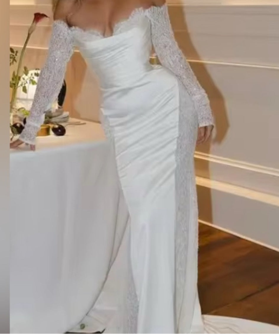 NEW $895 Time and Lace Elegant White Off-Shoulder Gown