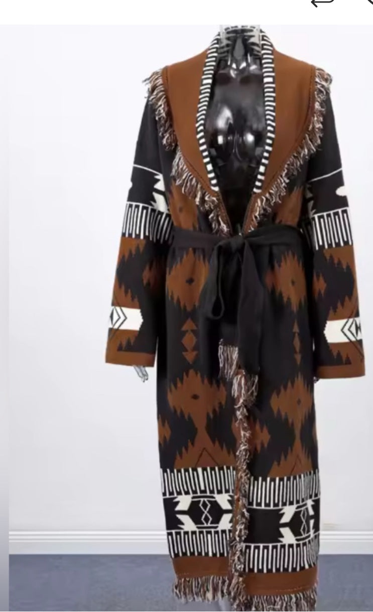 NEW $168 Adeline Black and Brown Patterned Long Western Cardigan Coat