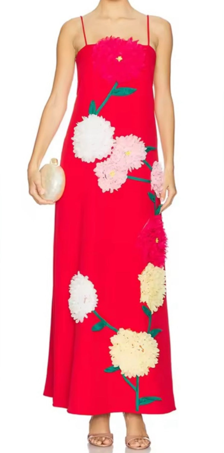 NEW $238 Spring Poppy Appliqué Spaghetti Strap Maxi Dress