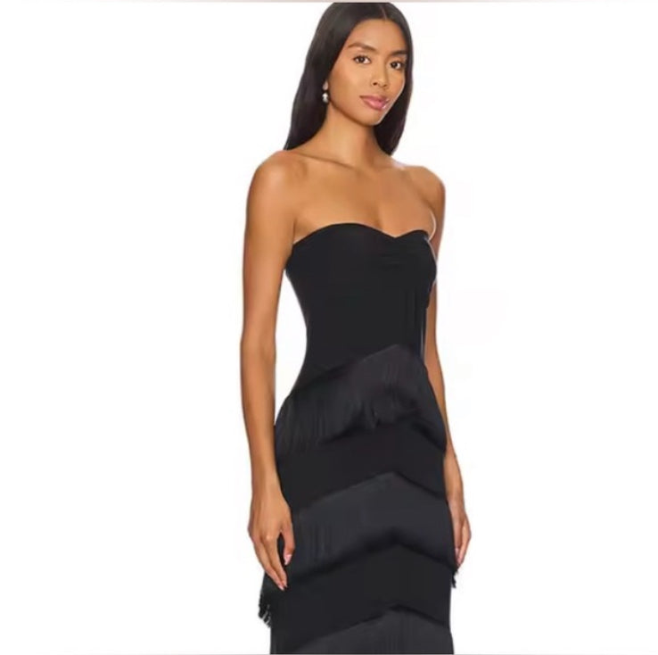 NEW $395 Annabelle Fringe Black Strapless Evening Fringe Dress