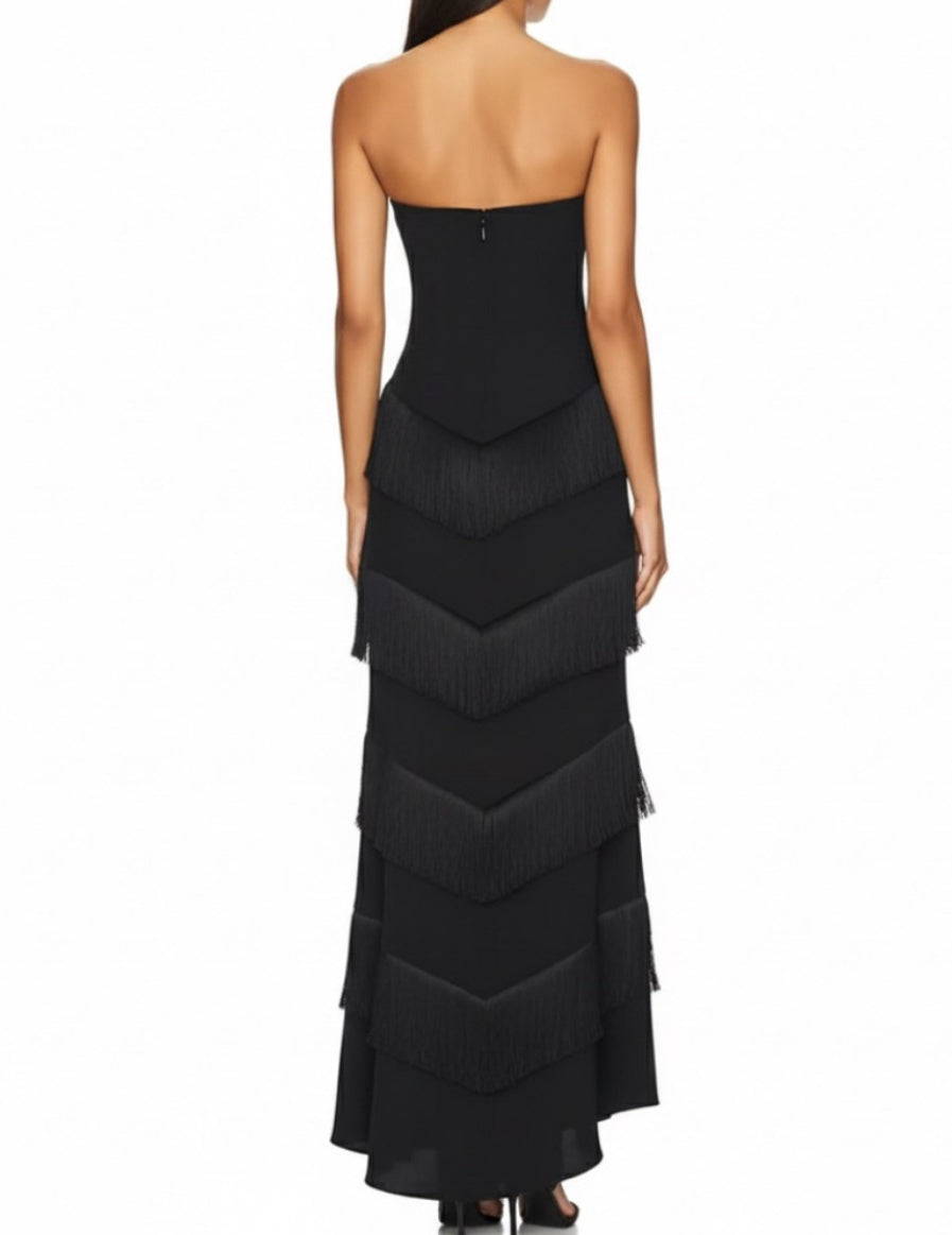 NEW $395 Annabelle Fringe Black Strapless Evening Fringe Dress