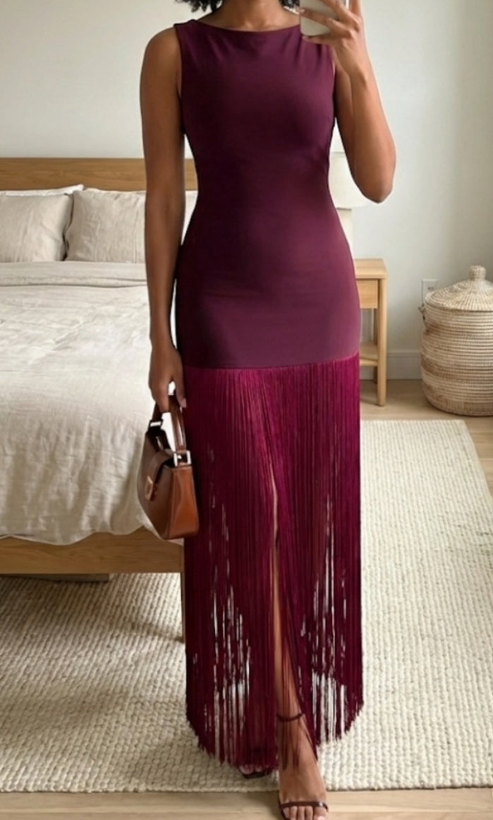 NEW $368 Belle in Burgundy Fringe Maxi Dress