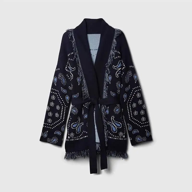 Tassel Patchwork Printed Cardigan Women Geometric Patterns Belts V-neck Long Sleeve Knitted Streetwear Lady Sweater 2025 Autumn