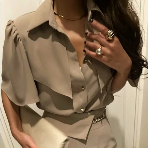 Ele Women's Loose Fit ort Sve irt Vintage Turn-down Collar Button-up Korean Sle Spring 2025 Faion Trend