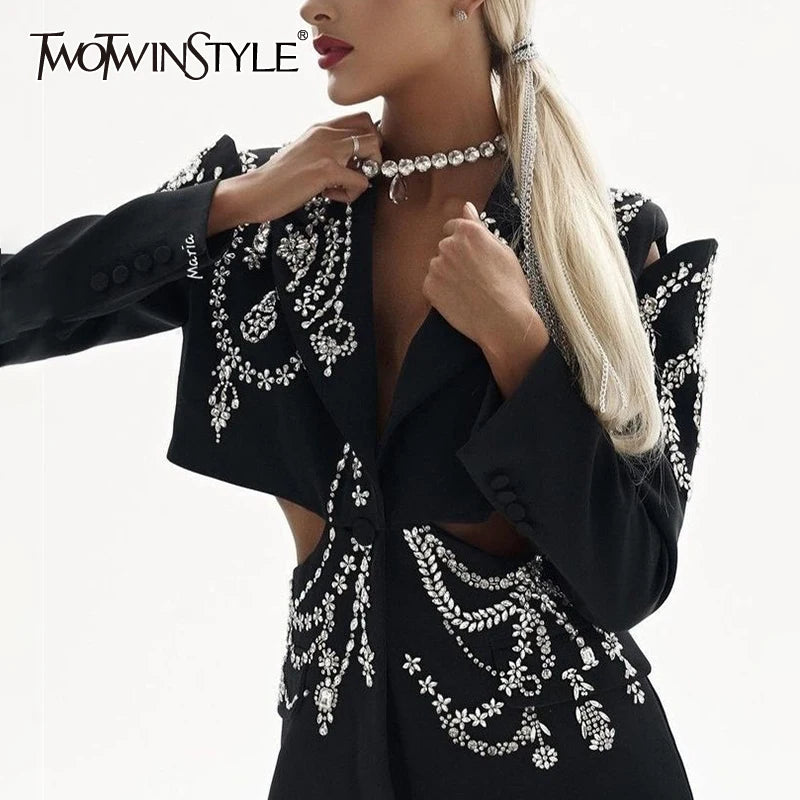 TWOTWINSTYLE Hollow Out Patchwork Diamonds Blazers For Women Notched Collar Long Sleeve Spliced Button Temperament Blazer Female