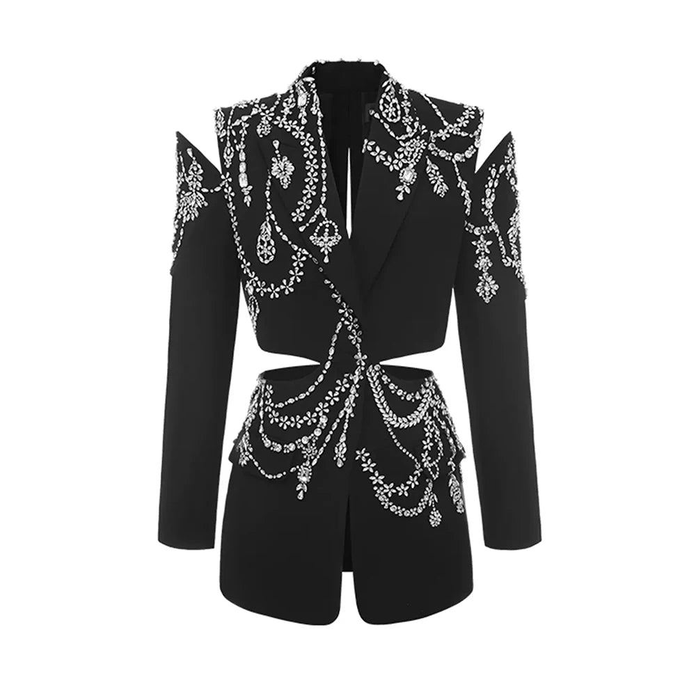 TWOTWINSTYLE Hollow Out Patchwork Diamonds Blazers For Women Notched Collar Long Sleeve Spliced Button Temperament Blazer Female