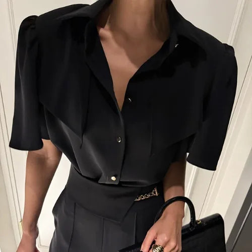 Ele Women's Loose Fit ort Sve irt Vintage Turn-down Collar Button-up Korean Sle Spring 2025 Faion Trend