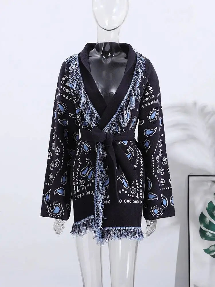 Tassel Patchwork Printed Cardigan Women Geometric Patterns Belts V-neck Long Sleeve Knitted Streetwear Lady Sweater 2025 Autumn