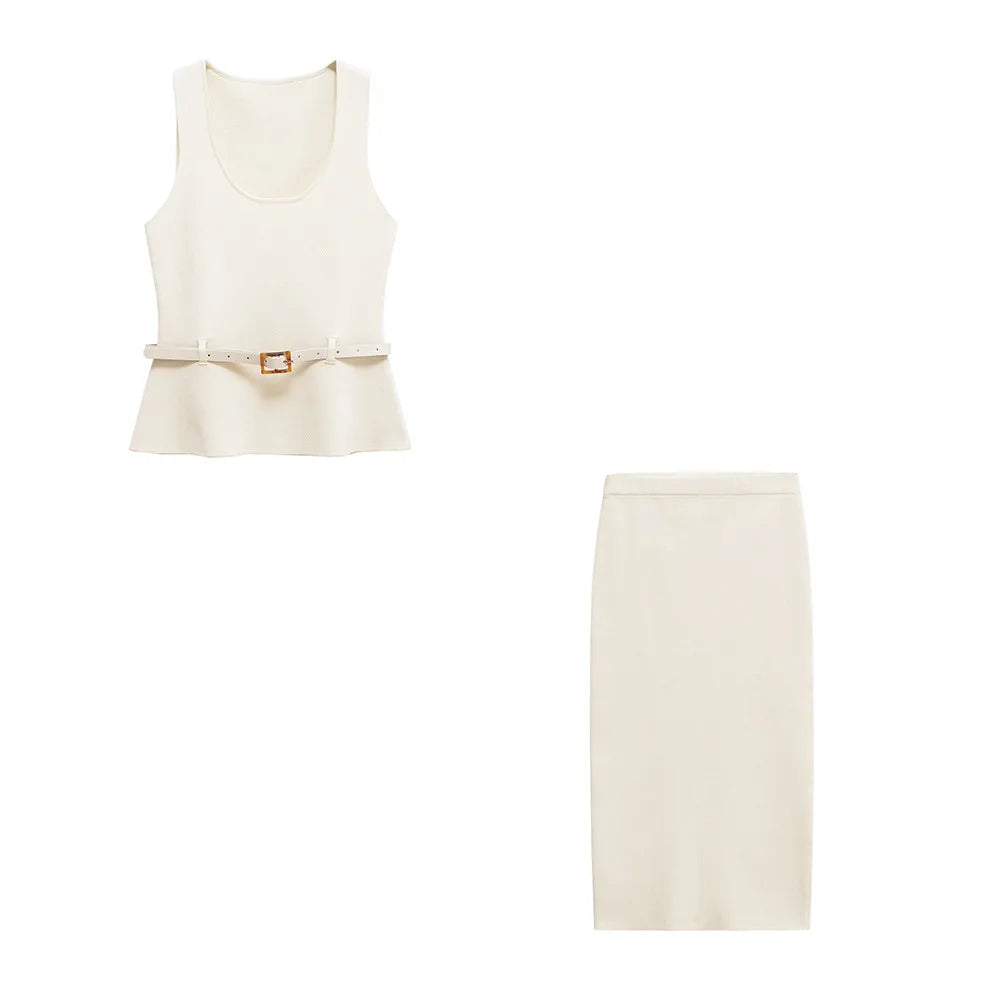 ZBZA Women's Slim Waist Belt Vest High Waist Skirt Suit Round Neck Sleeveless Solid Color Cropped Top Slit Straight Skirt Set