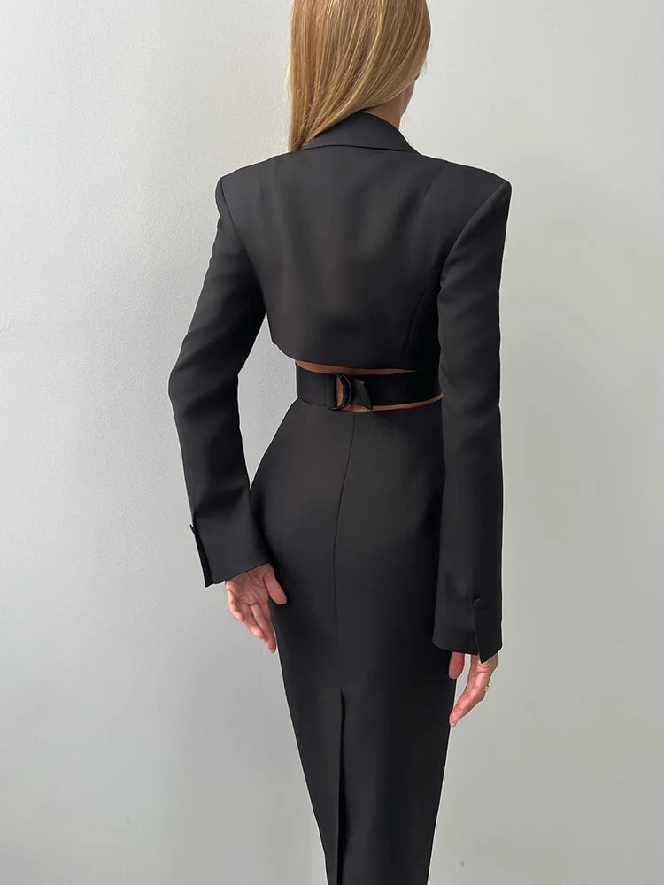 TWOTWINSTYLE Solid Hollow Out Patchwork Belt Blazers For Women Notched Collar Long Sleeve Spliced Single Breasted Blazer Female