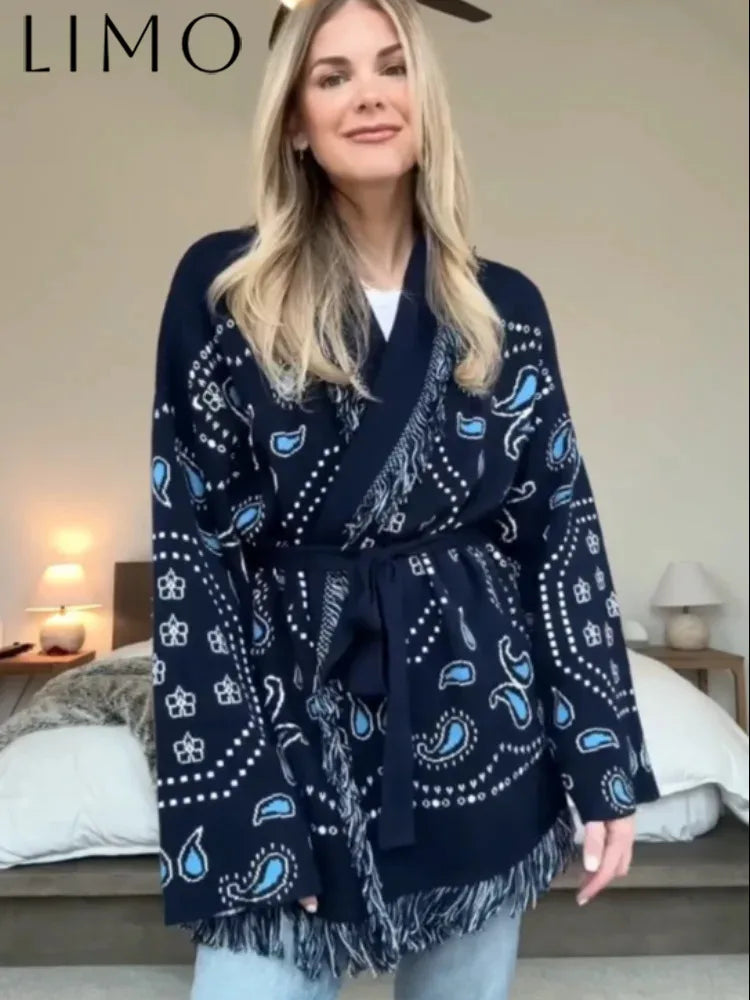 Tassel Patchwork Printed Cardigan Women Geometric Patterns Belts V-neck Long Sleeve Knitted Streetwear Lady Sweater 2025 Autumn